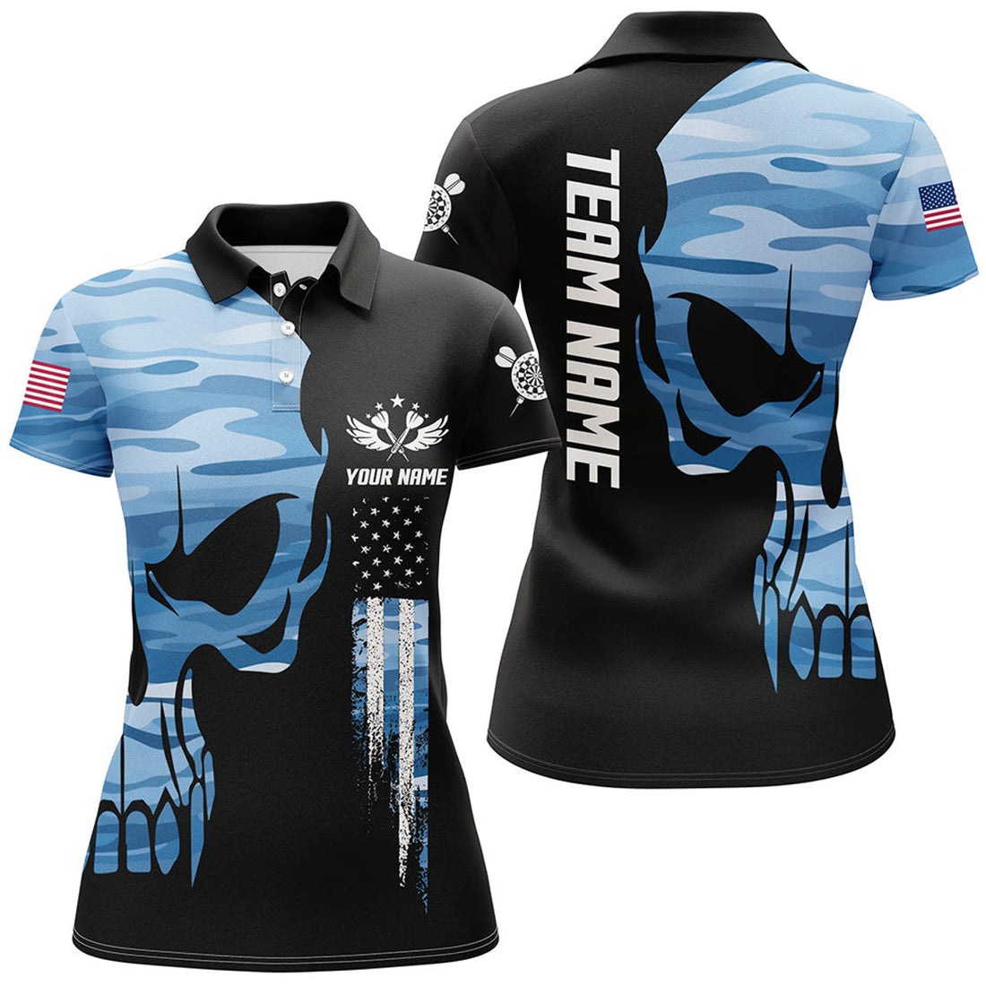 Custom Blue Camo Skull American Flag Darts Polo Shirt Custom Patriotic Dart Jerseys For Women