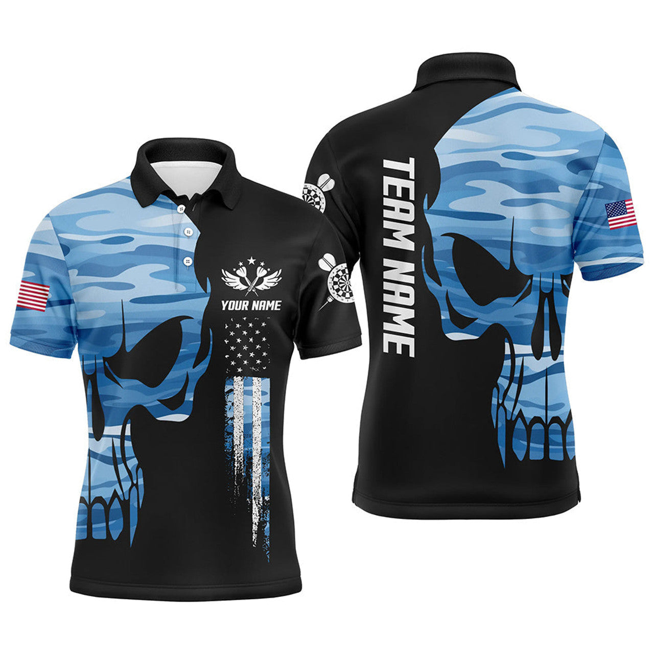 Custom Blue Camo Skull American Flag Mens Darts Polo Shirt Custom Patriotic Dart Jerseys For Men