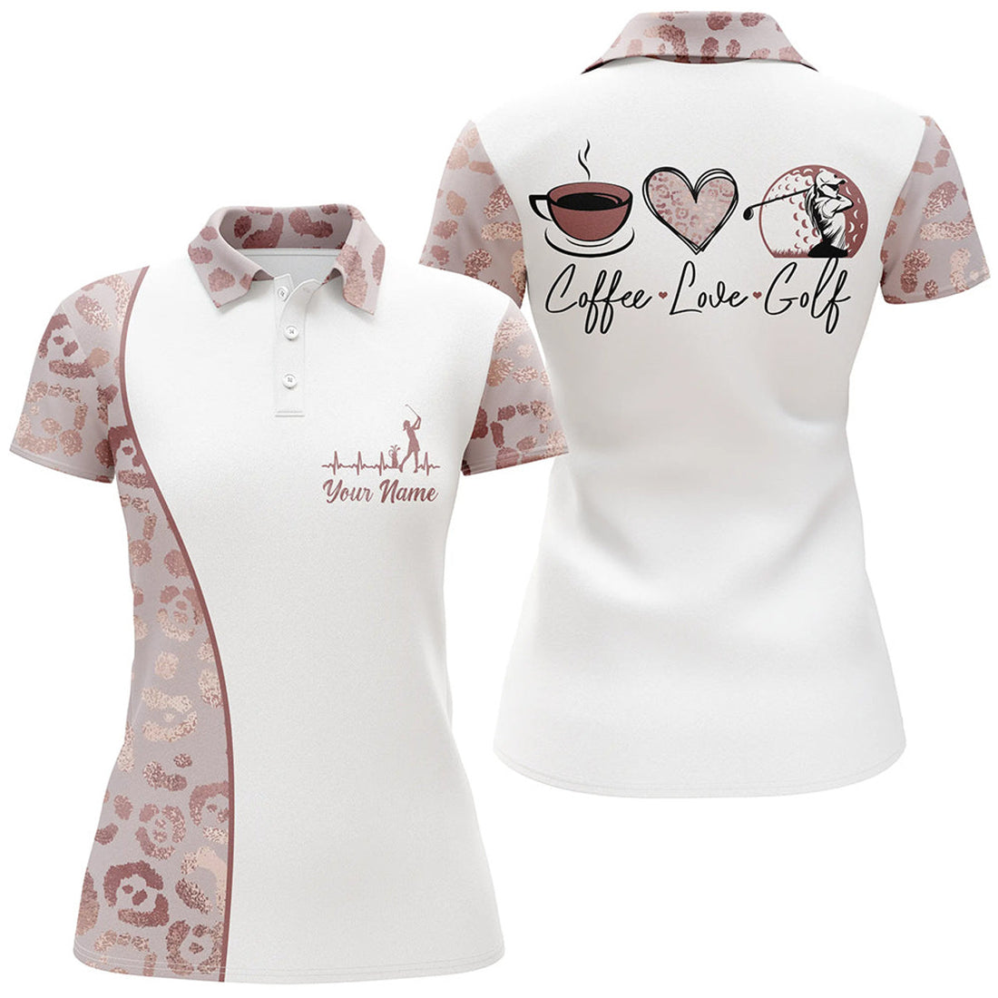 Custom Pink Leopard Heartbeat Women Golf Polo Shirts Coffee Love Golf Custom Golf Tops For Ladies