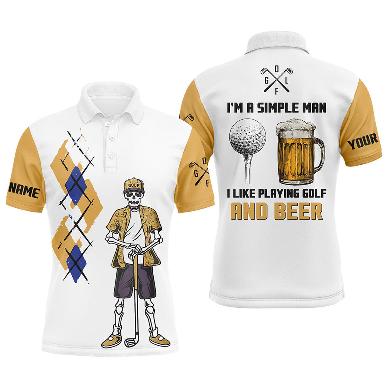 Custom I'm A Simple Man Skull Beer Argyle Pattern Golf Polo Shirts Beer Golf Shirts For Men