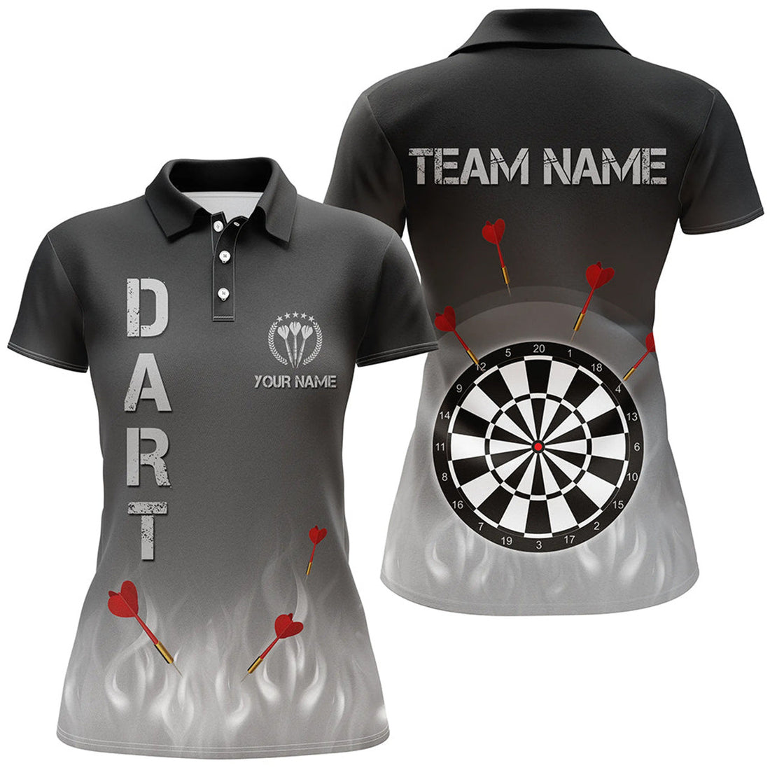 Custom Gradient Black Grey Fire Flame Darts Women Polo Shirts Custom Cool Darts Jersey For Women