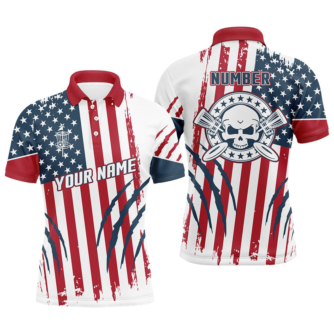 FUNSTUFFPRINT American Flag Scratches Custom Mens Disc Golf Polo Shirts Patriotic Disc Golf Polo Shirt Size S-5XL