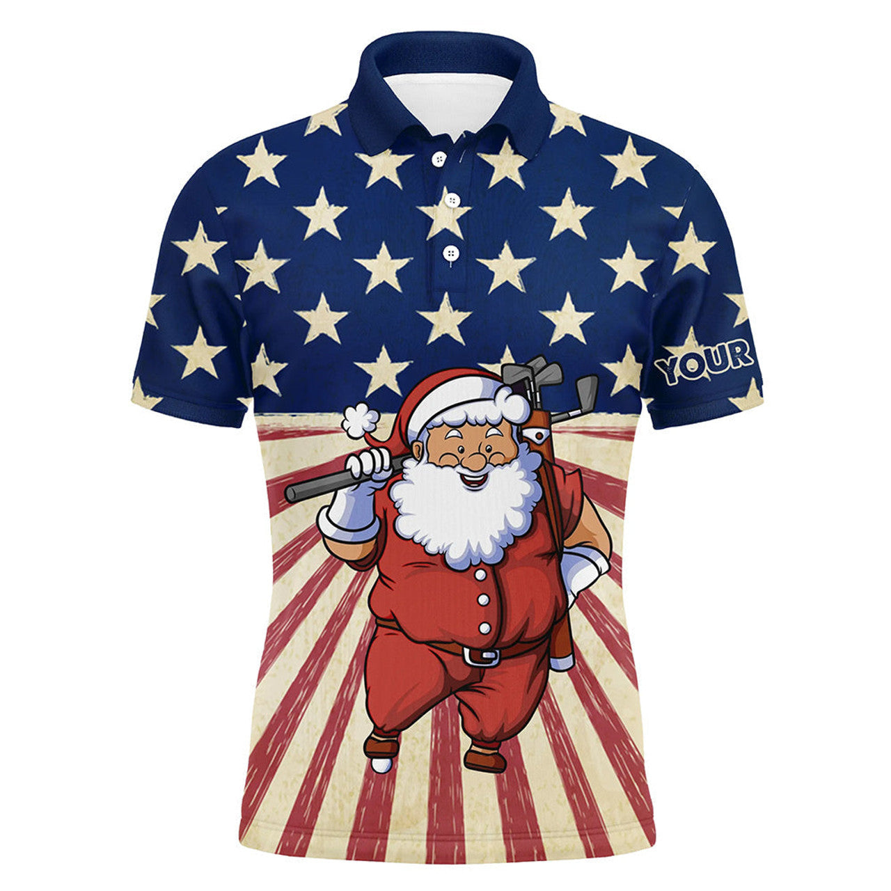 FUNSTUFFPRINT Santa Christmas Vintage American Flag Mens Golf Polo Shirts Funny Golf Polo Shirt Size S-5XL
