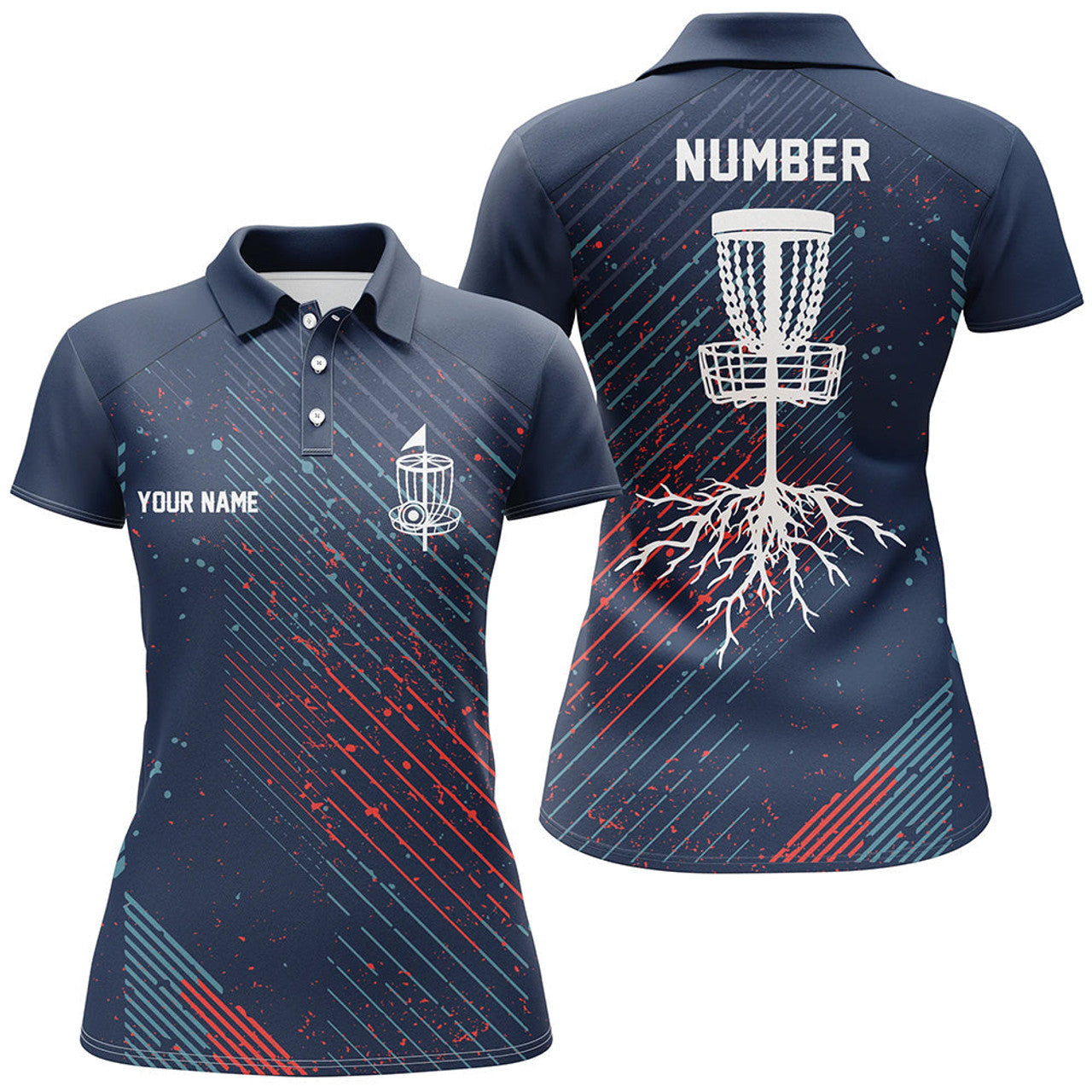 Custom Blue Red Geometric Pattern Womens Disc Golf Polo Shirt Cool Golf Shirts For Women Golf Gifts