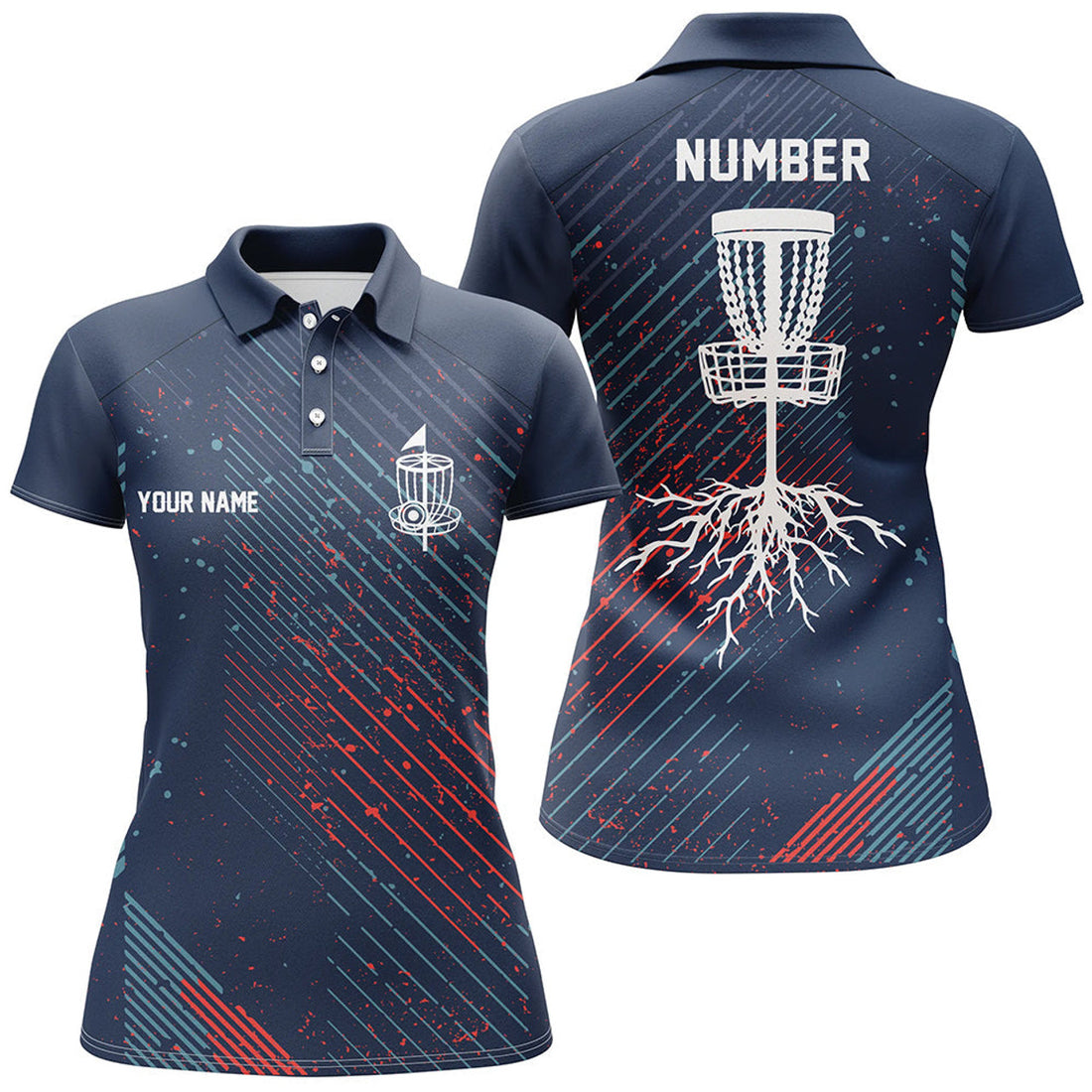 Custom Blue Red Geometric Pattern Womens Disc Golf Polo Shirt Cool Golf Shirts For Women Golf Gifts