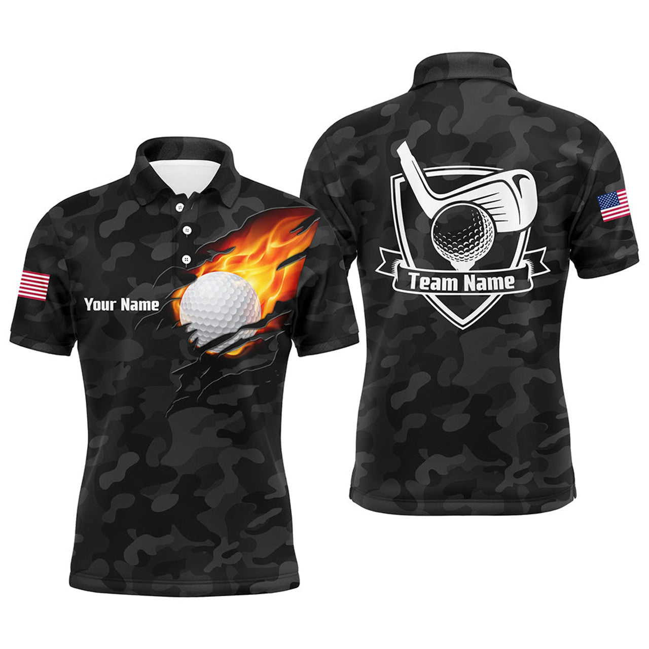 Custom Black Camo Fire Golf Ball Flame Mens Golf Polo Shirts Custom American Flag Golf Shirts For Men