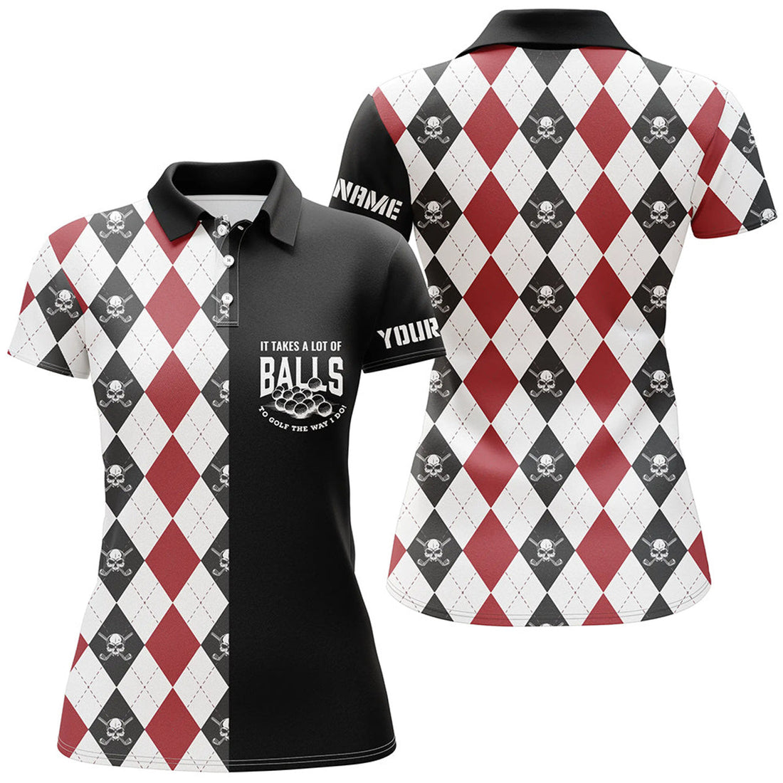 Custom It Takes A Lot Of Balls Womens Skull Argyle Golf Polo Shirt Golf Shirts For Women Golf Gifts