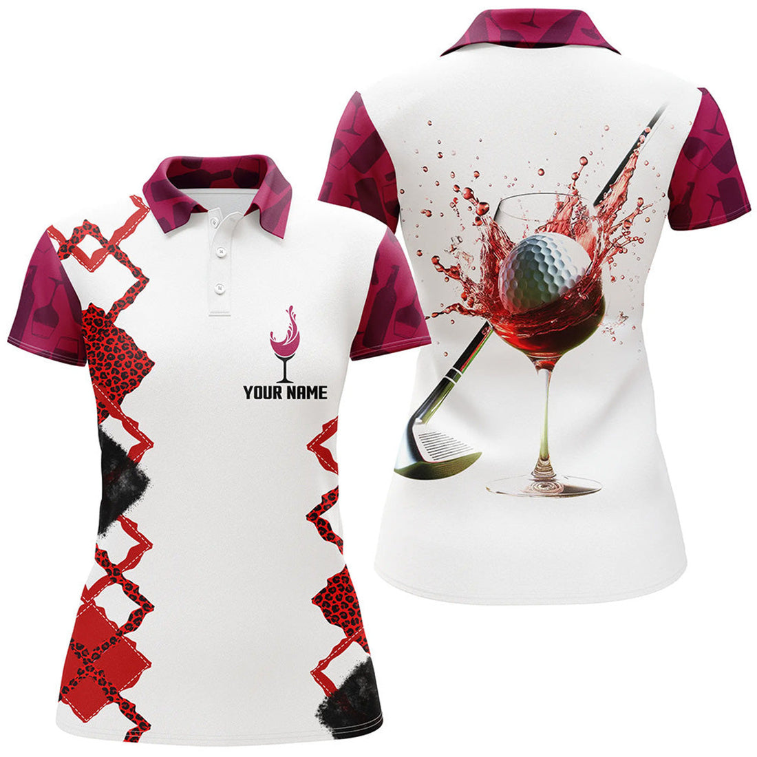 Custom White Red Wine Leopard Golf Shirts For Women Custom Name Womens Golf Polo Shirts Golf Gifts