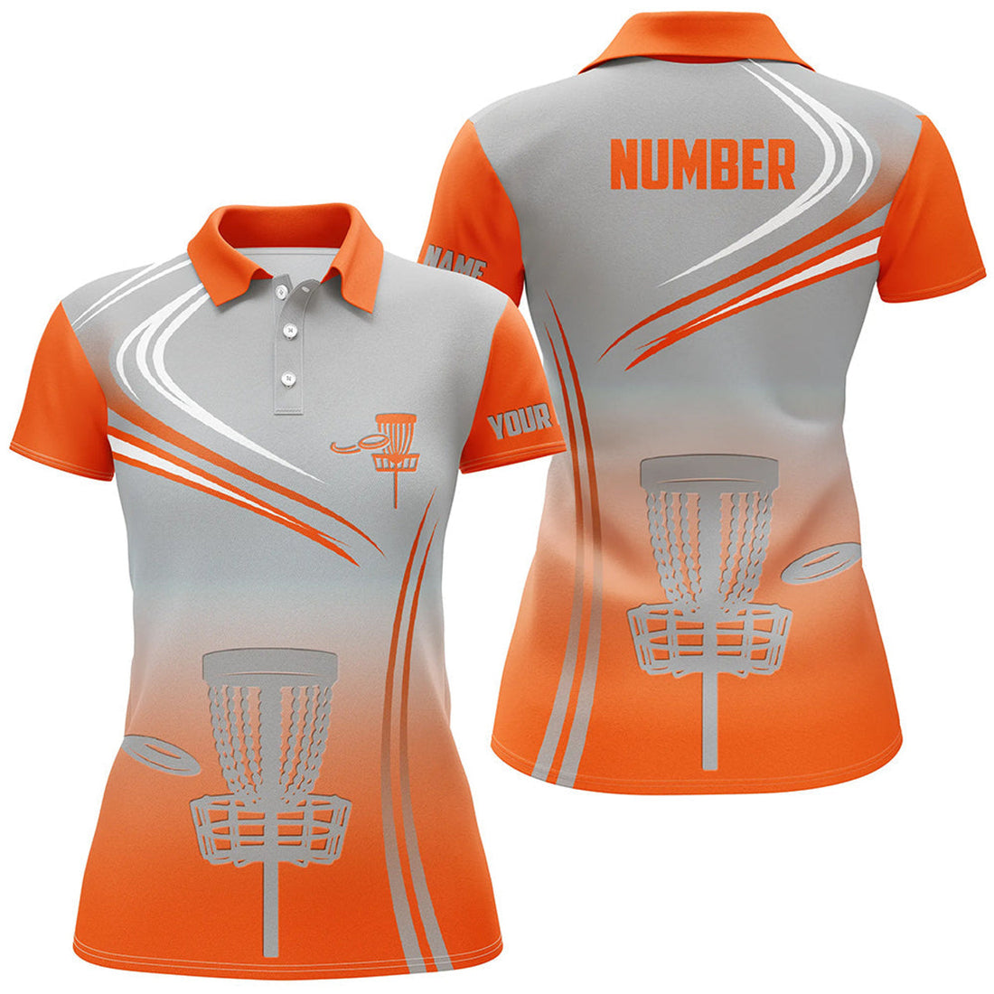 Custom Orange & Grey Womens Disc Golf Polo Shirts Customized Disc Golf Tops For Women Golfing Gifts