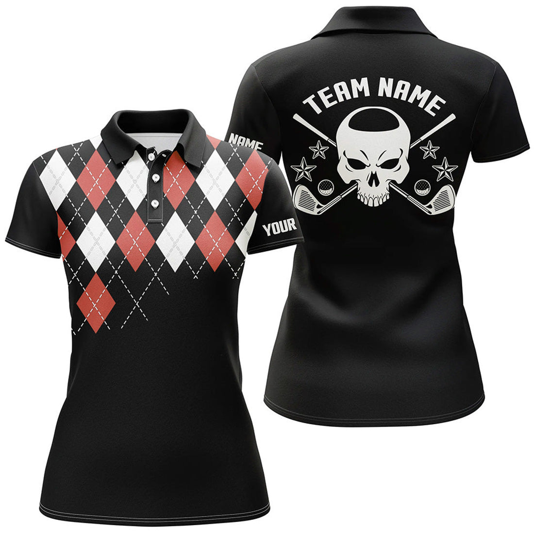 Custom Red Argyle Pattern Womens Golf Polo Shirts, Customized Skull Golf Shirts For Women, Ladies Golf Gifts