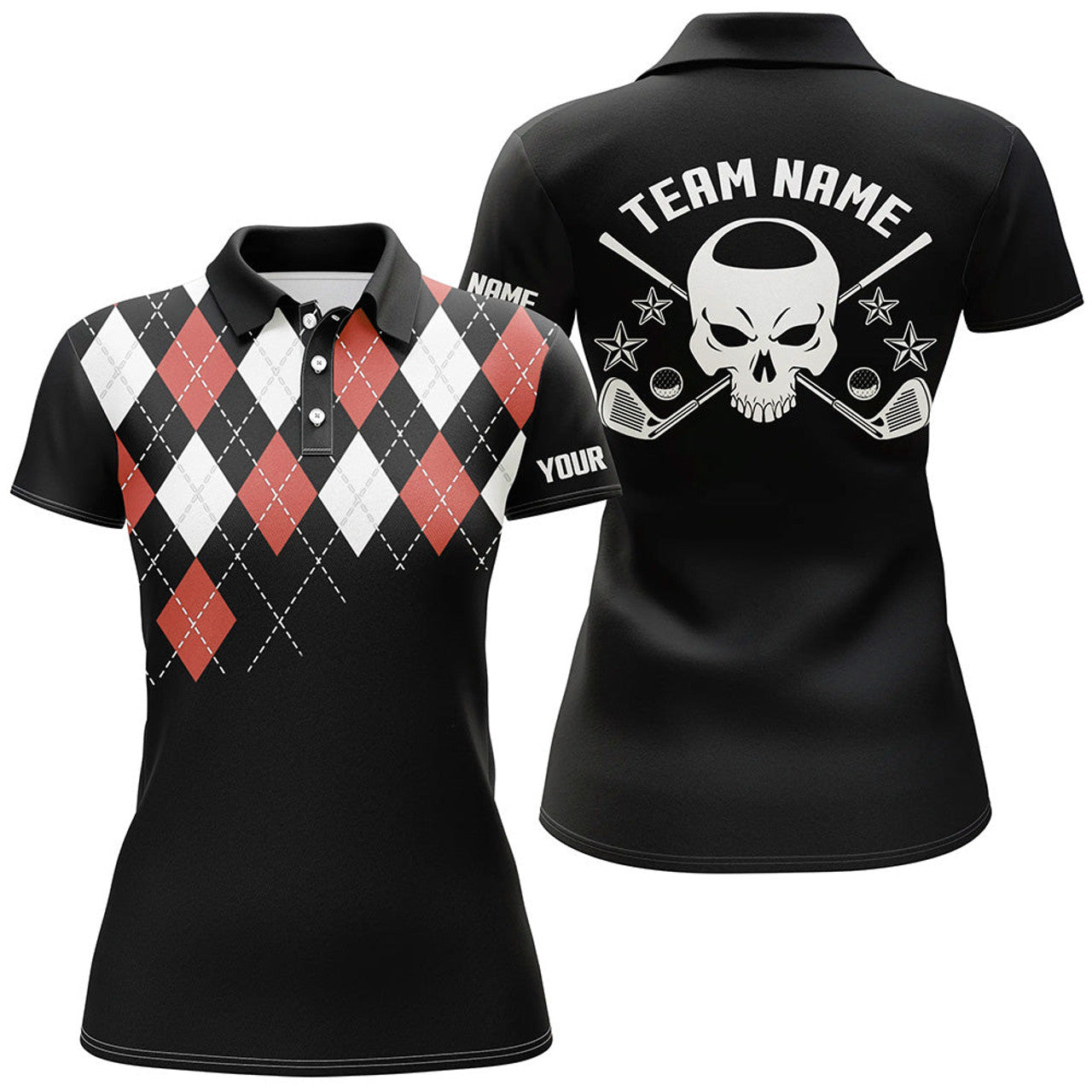 Custom Red Argyle Pattern Womens Golf Polo Shirts, Customized Skull Golf Shirts For Women, Ladies Golf Gifts