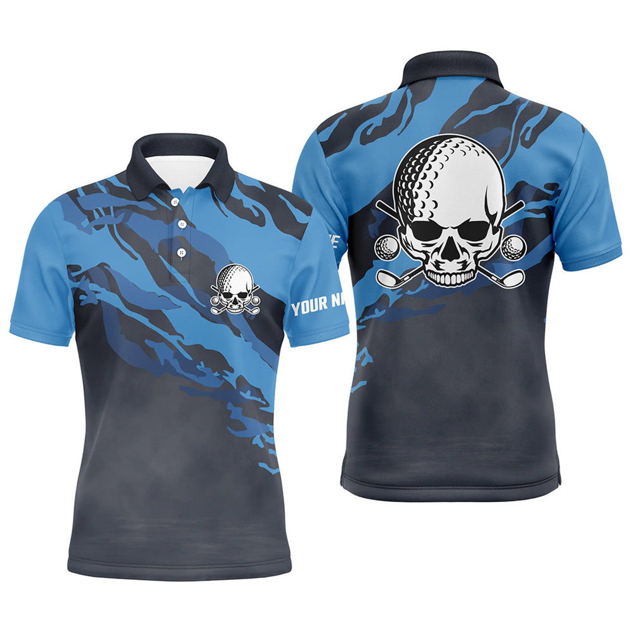 Personalized Skull Dark Blue Mens Golf Polo Shirt Scary Golf Shirts For Men Funny Golf Gifts