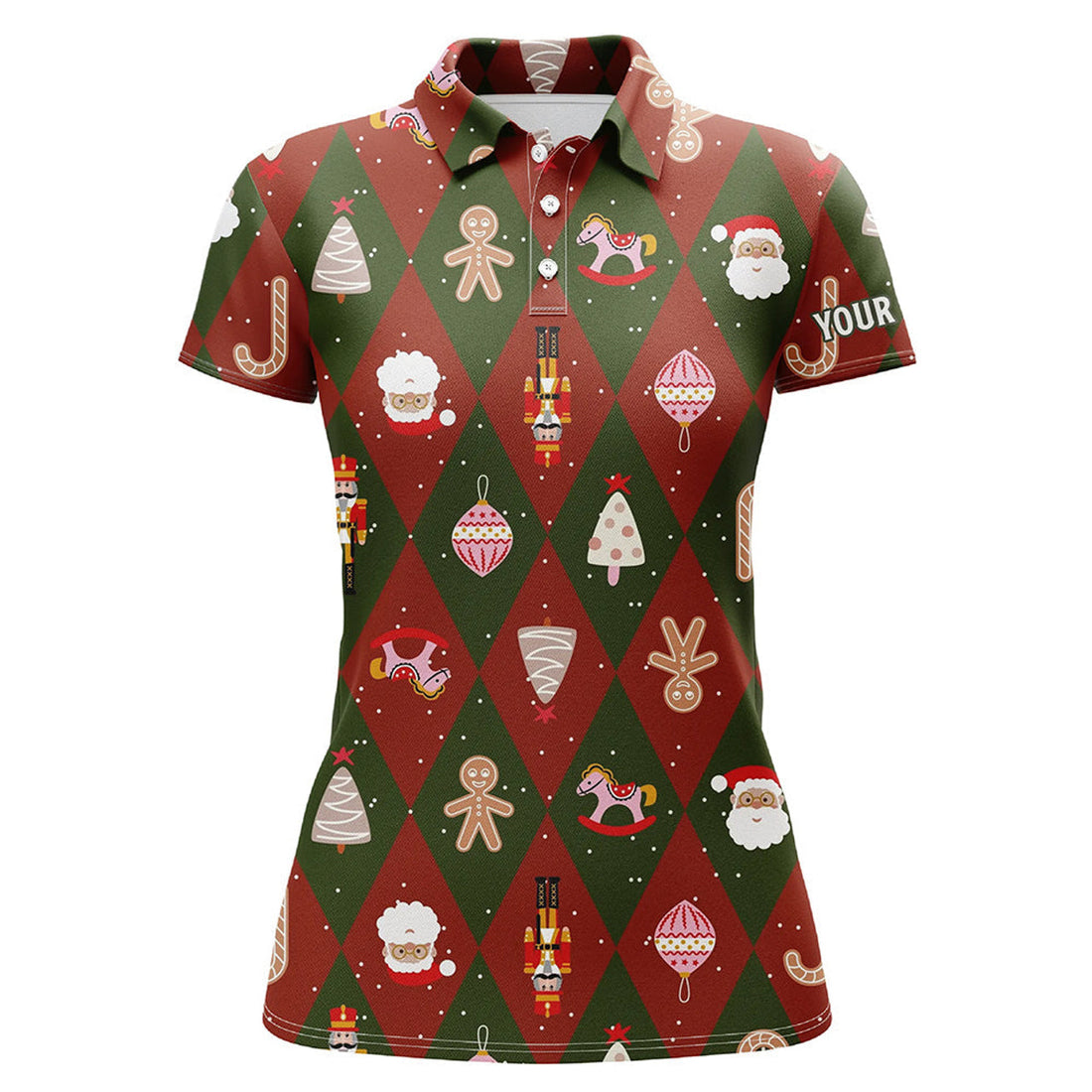 Custom Festive Christmas Icons Golf Polo Shirts Red Green Argyle Golf Shirts For Women Golf Gifts
