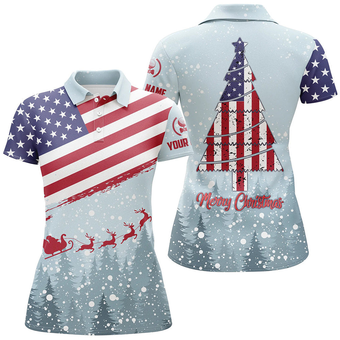 Custom Merry Christmas Usa Flag Golf Polo Shirt Custom Winter Forest Patriotic Golf Shirts For Women