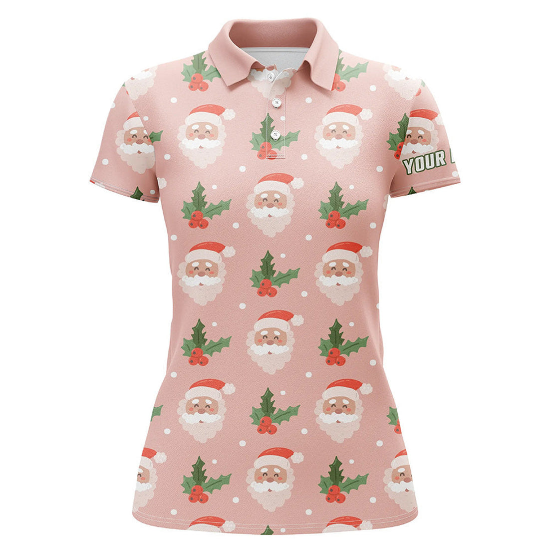Custom Santa With Holly On Pink Womens Golf Polo Shirt Custom Cute Golf Shirts For Women Golf Gifts