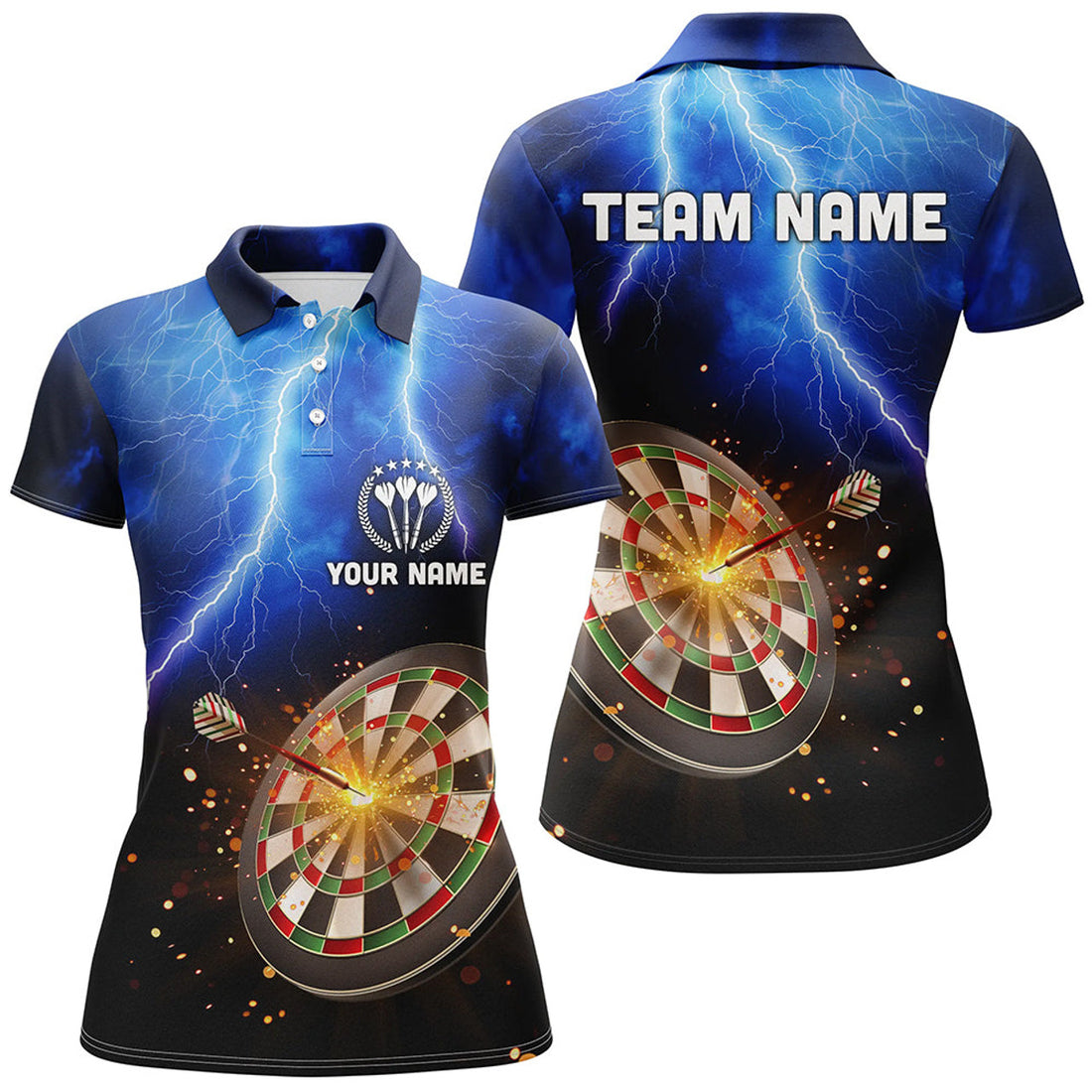 Custom Personalized Thunder Lightning Blue Womens Darts Polo Shirt Custom Dart Jerseys For Women
