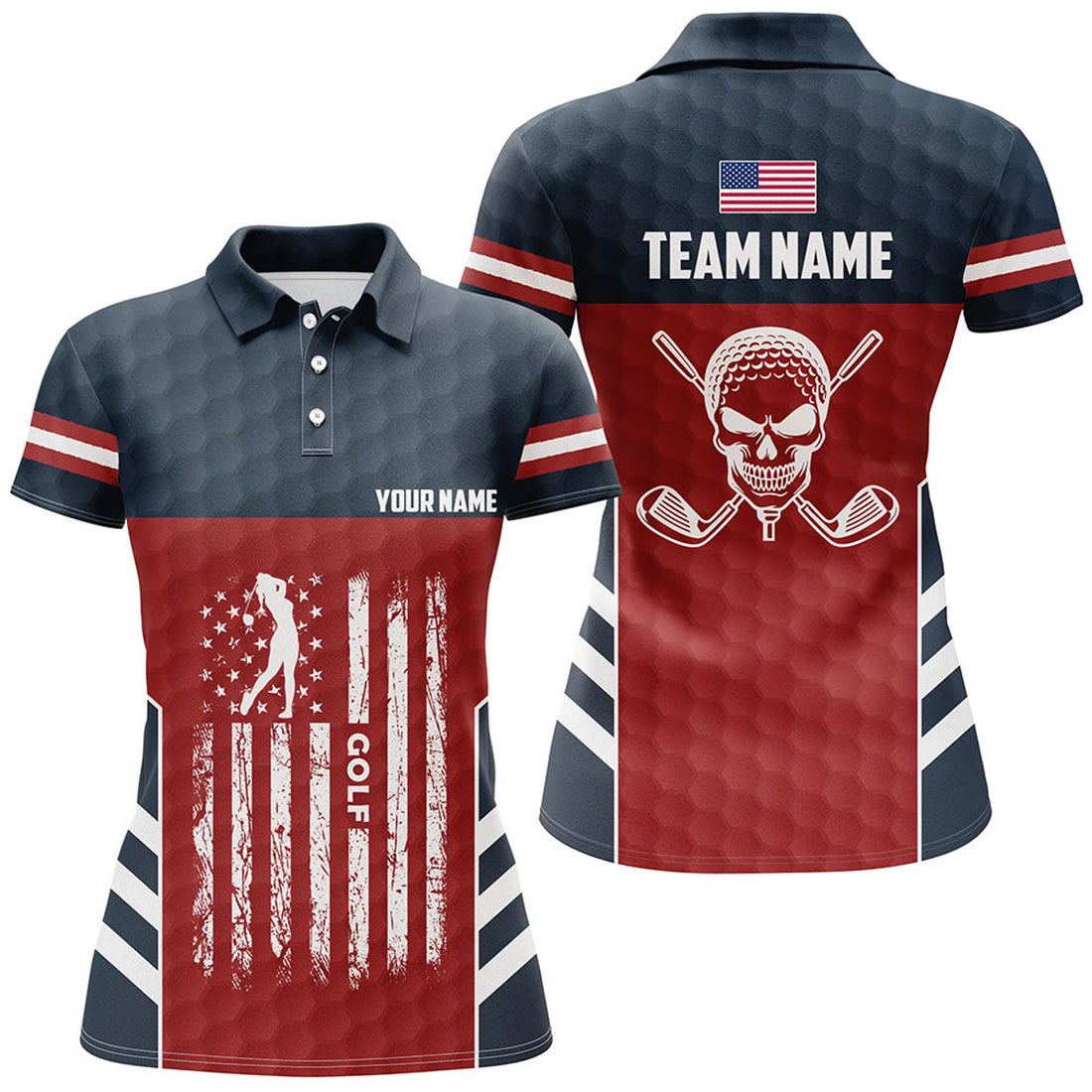 Custom American Flag Golf Pattern Polo Shirt Custom Skull Patriotic Golf Shirts For Women Golf Gifts