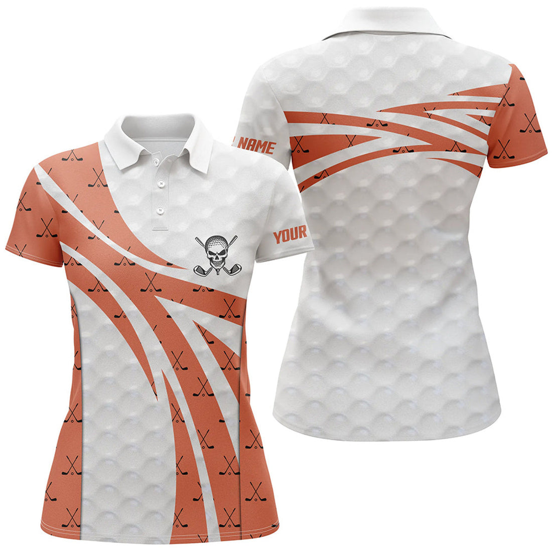 Custom White Orange Skull Golf Pattern Polo Shirt Custom Golf Shirts For Women Cool Golf Gifts