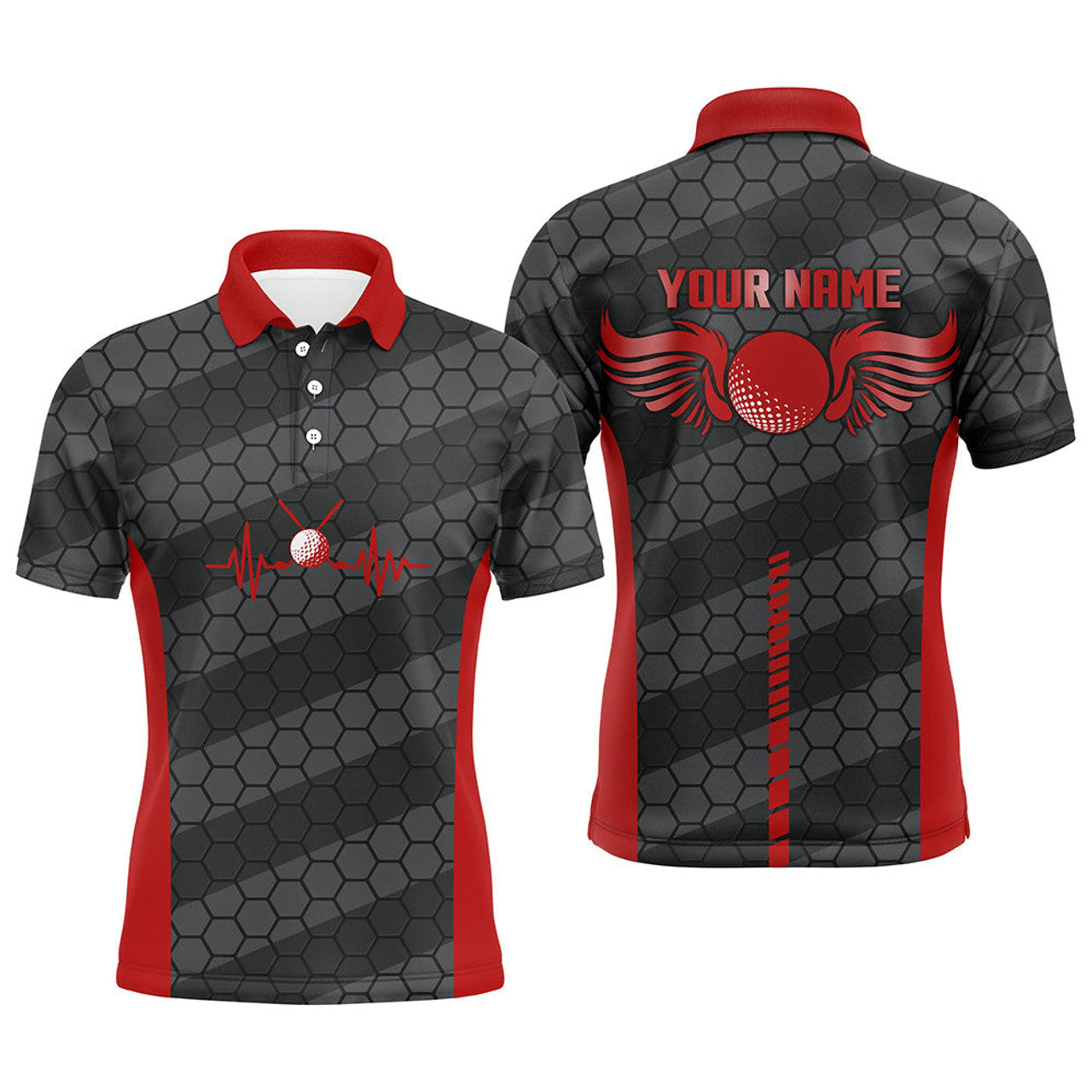 FUNSTUFFPRINT Red And Black Heartbeat Mens Golf Polo Shirts Personalized Golf Polos For Men Polo Shirt Size S-5XL