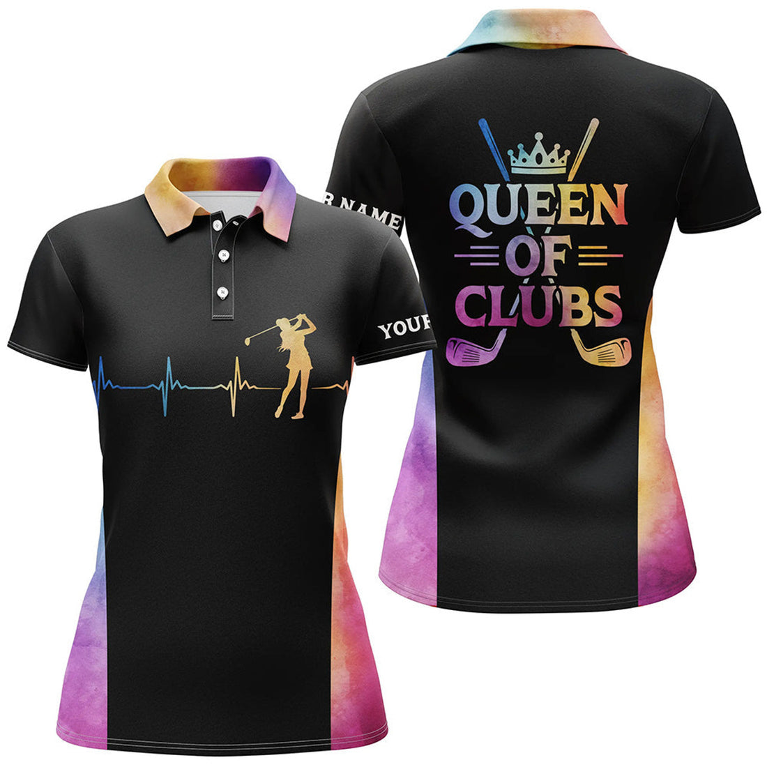 Custom Queen Of Clubs Golf Polo Shirt Custom Heartbeat Black Golf Shirts For Women Colorful Golf Top