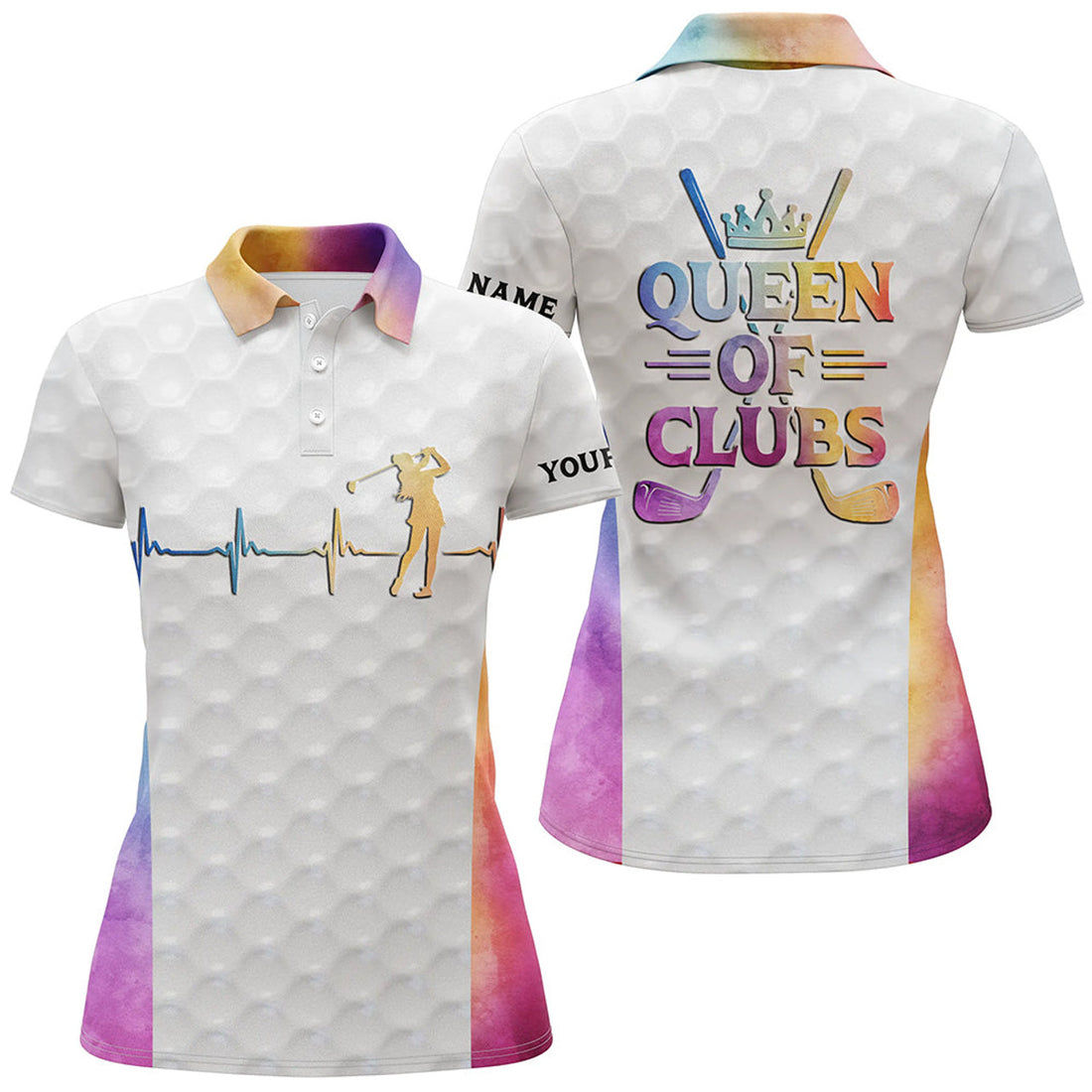 Custom Queen Of Clubs Golf Polo Shirt Custom Heartbeat White Golf Shirts For Women Colorful Golf Top