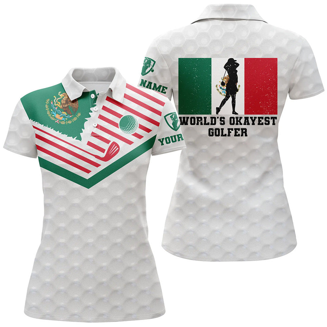 Custom Mexican Flag World's Okayest Golfer Custom White Polo Shirt Patriotic Golf Shirts For Women