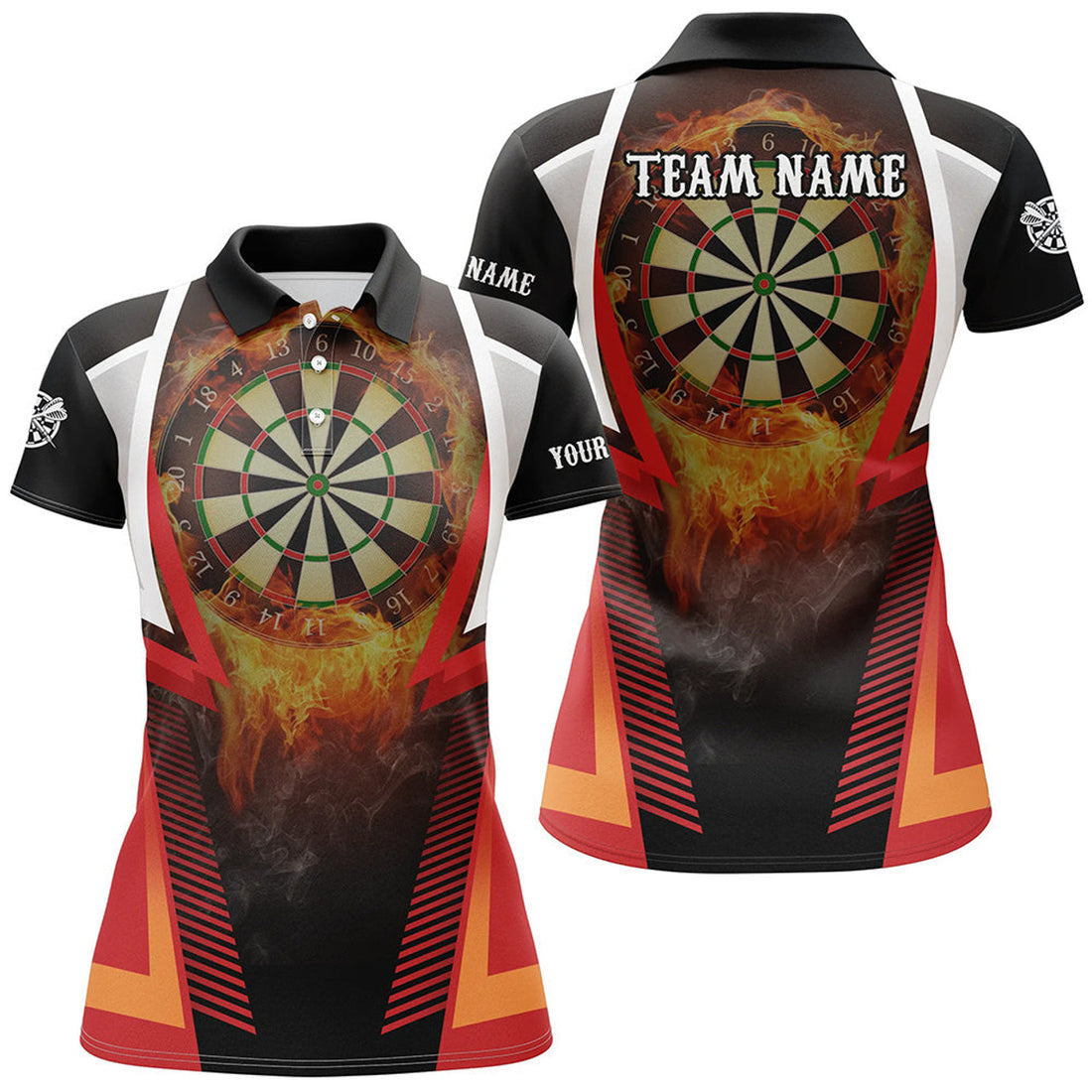 Custom Orange Fire Flame Sports Womens Darts Polo Shirt Custom Darts Shirt For Women Dart Jerseys