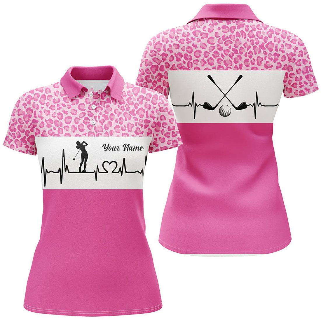 Custom Pink Leopard Pattern Golf Girl Heartbeat Women Polo Shirt, Best Pink Golf Shirt For Ladies