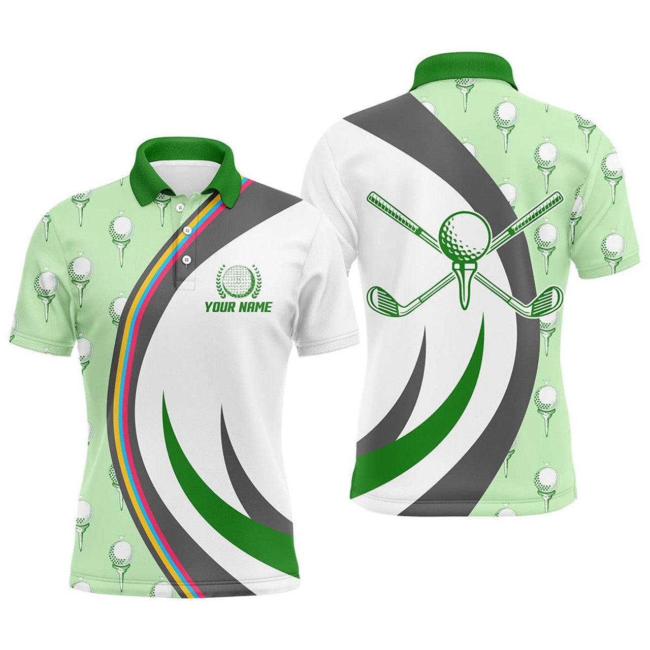 FUNSTUFFPRINT Golf Ball On Tee Green Mens Polo Shirts Custom Golf Elements Cool Golf Shirts For Men Golf Polo Shirt Size S-5XL