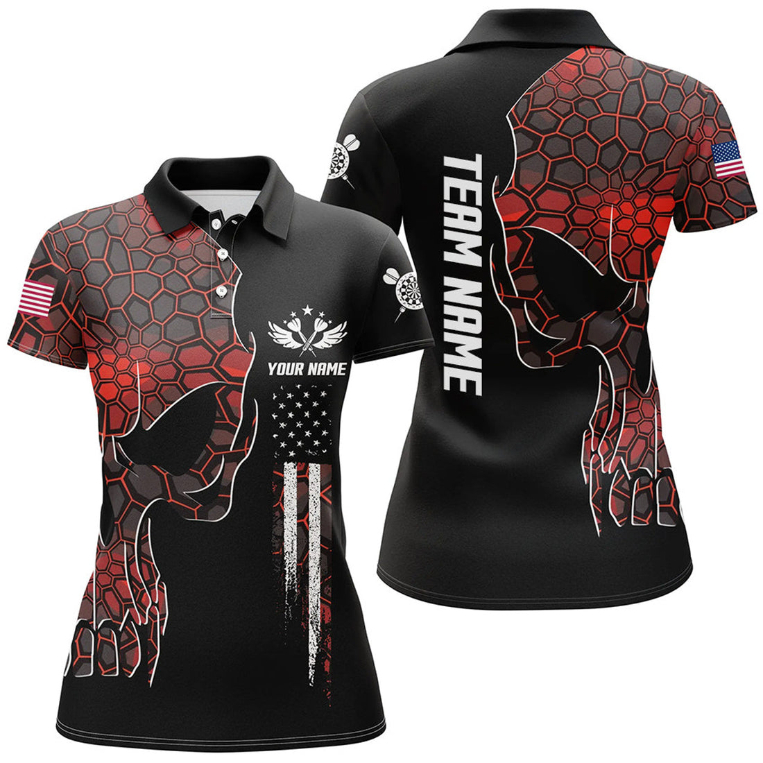 Custom Red Geometric Camo American Flag Skull Darts Polo Shirt Patriotic Dart Jerseys For Women