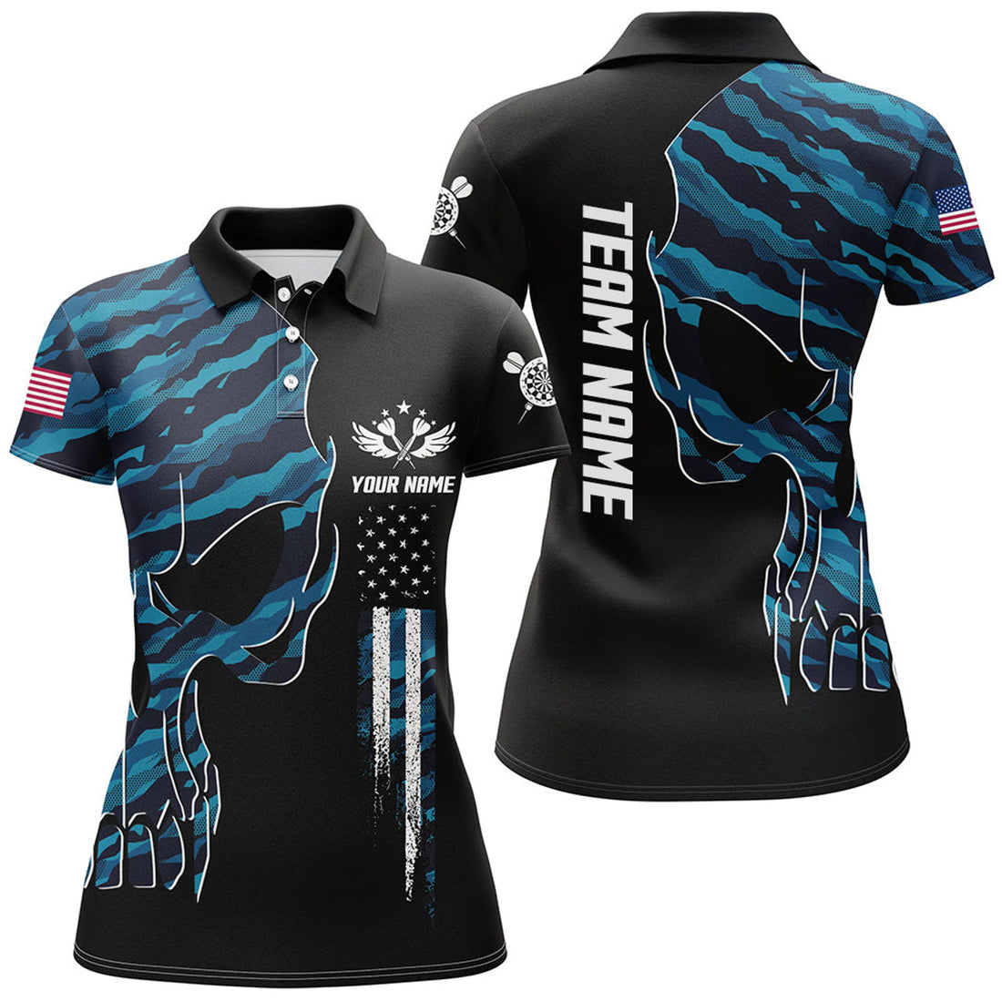 Custom Skull Blue Camouflage American Flag Darts Polo Shirt Patriotic Dart Jerseys For Women