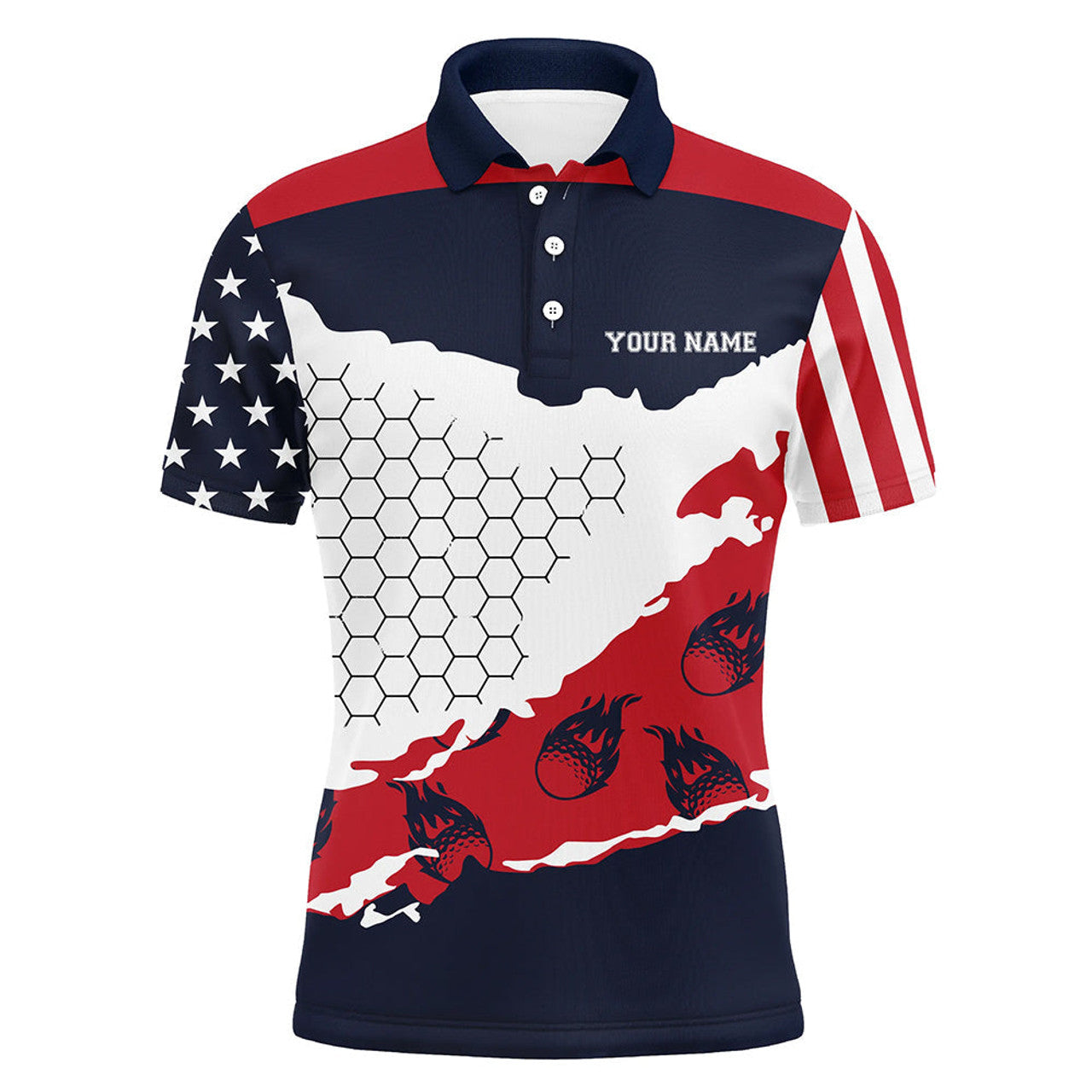 FUNSTUFFPRINT Personalized American Flag Mens Golf Polo Shirts Golf Flame Polo Shirt Size S-5XL
