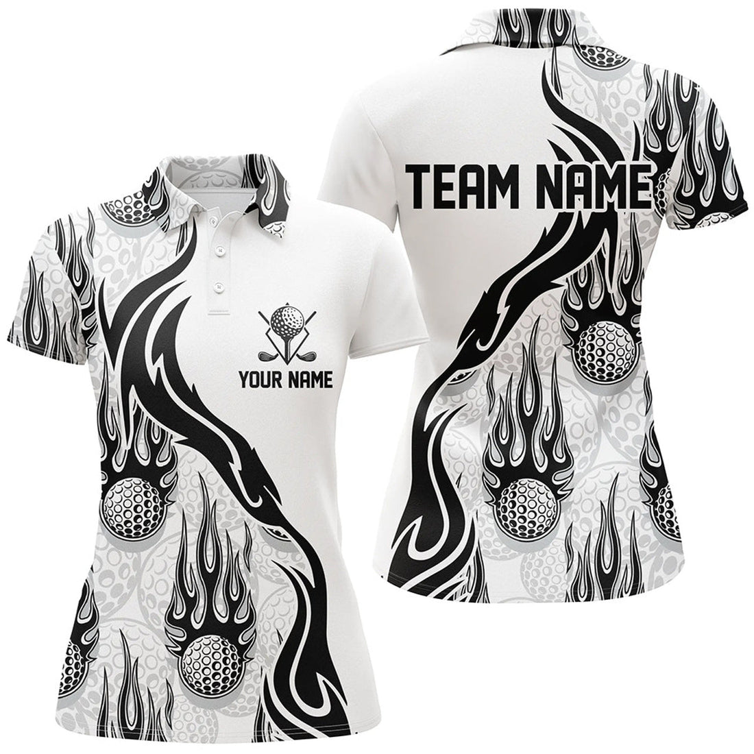 Custom Flame Golf Ball Black White Golf Polo Shirt Personalized Golf Shirts For Women Golfing Gifts