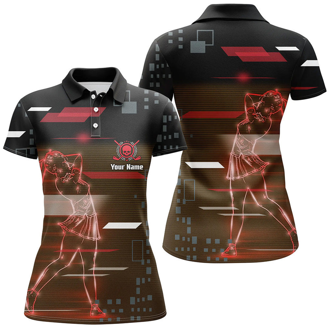 Custom Womens Golf Digital Style Polo Shirt, Modern Skull Polo Shirt, Best Golf Shirts For Women
