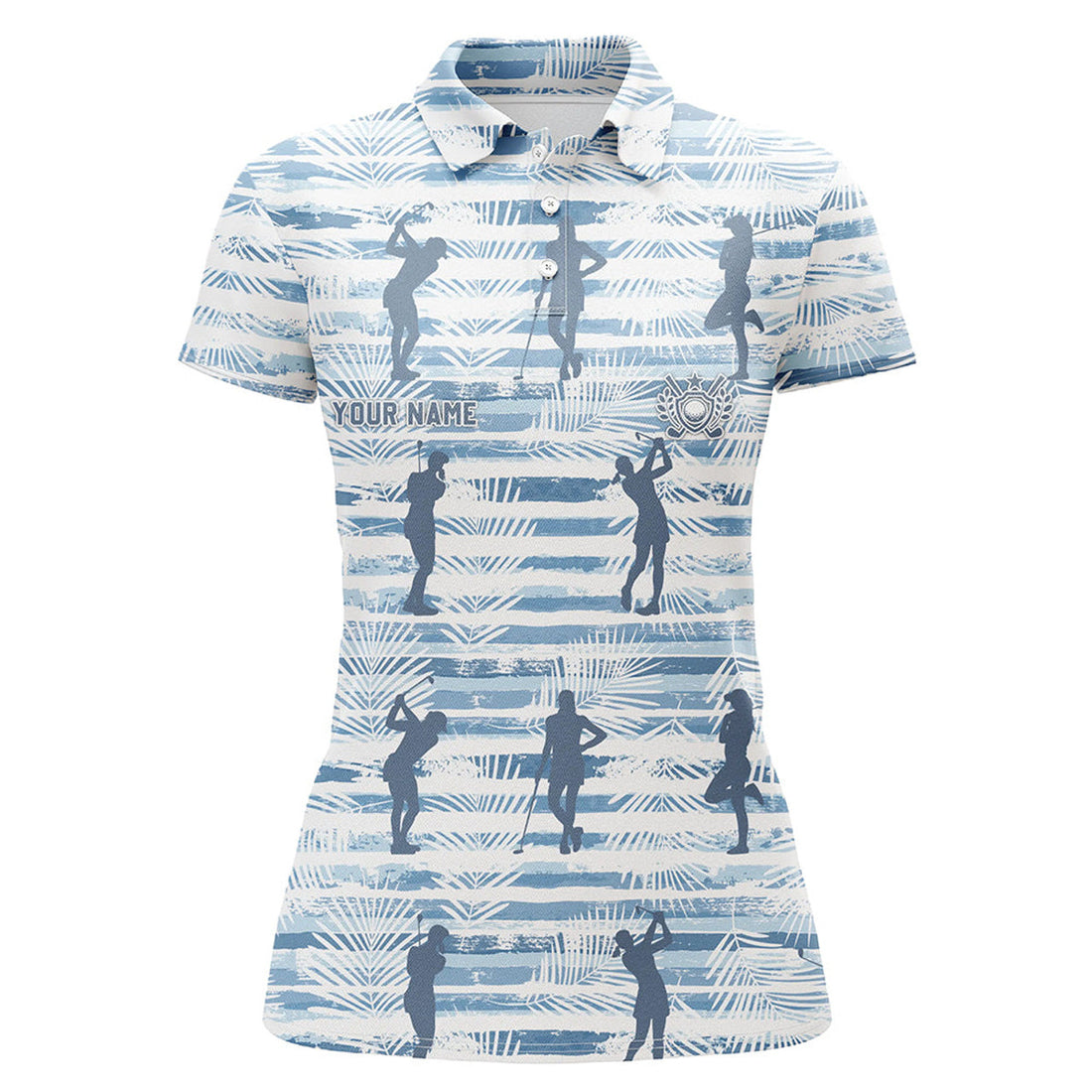 Custom Personalized Blue Stripe Palm Leaves Golf Polo Shirt Tropical Golf Shirts For Women Golf Gift