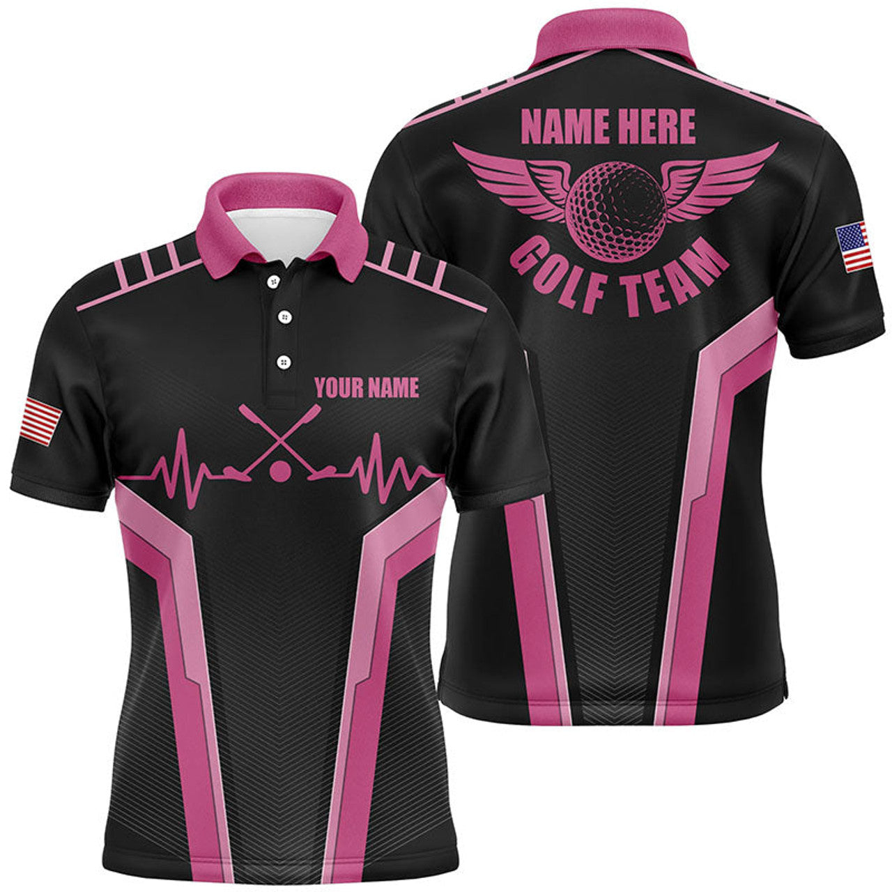 Customized Mens Golf Polo Shirts, Heartbeat Black And Pink Polo Shirts For Mens, Golfer Gifts