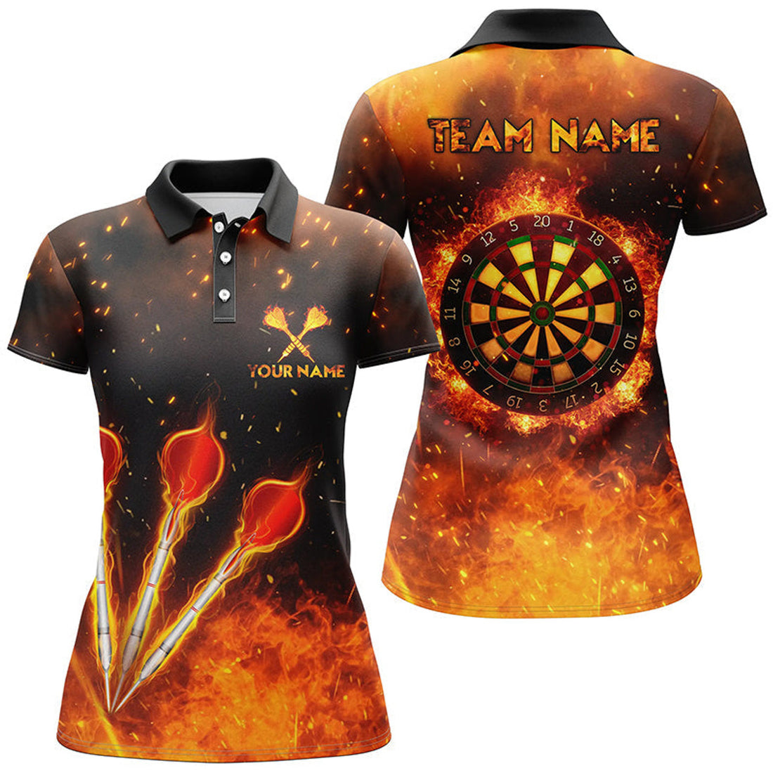 Custom Orange Fire Flame Sports Womens Darts Polo Shirt Custom Darts Shirt For Women Dart Jerseys