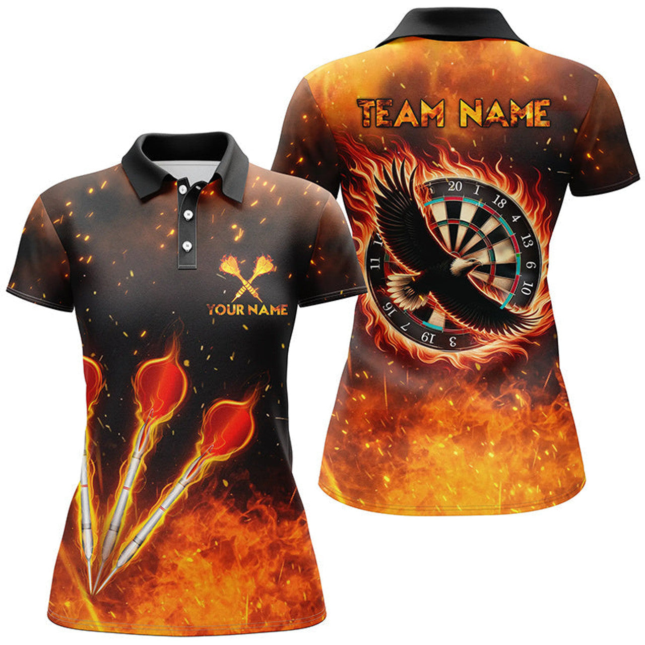 Custom Orange Fire Flame Eagle Womens Darts Polo Shirt Custom Darts Shirt For Women Dart Jerseys