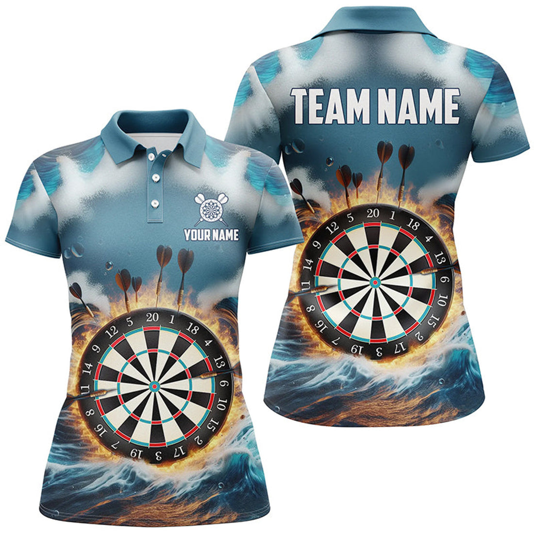 Custom Fire And Water Blue Womens Darts Polo Shirt Custom Darts Shirt For Women Dart Jerseys