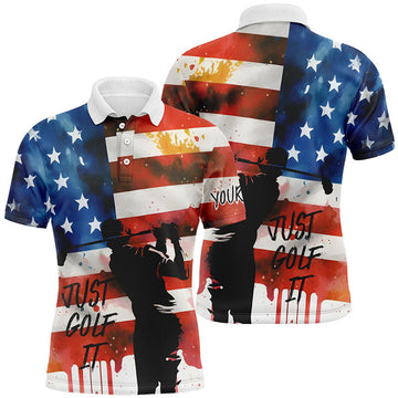 FUNSTUFFPRINT Watercolor American Flag Just Golf It Mens Golf Polo Shirt Size S-5XL