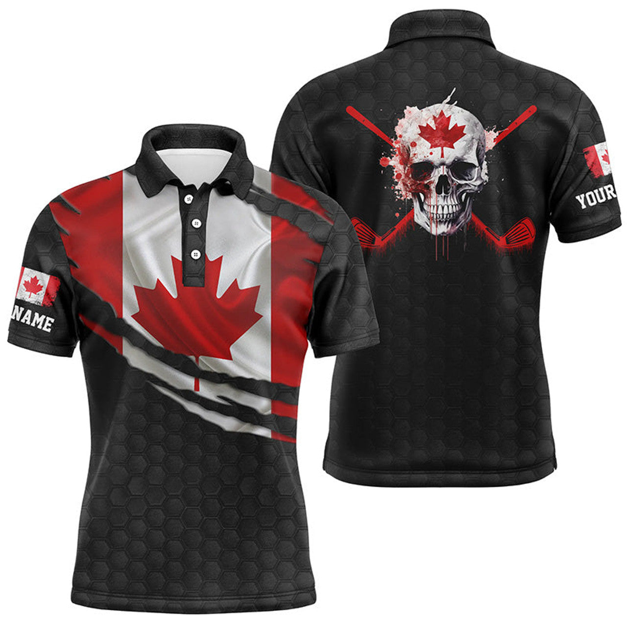 FUNSTUFFPRINT 3D Canada Flag Skull Mens Golf Polo Shirts Personalized Patriotic Golf Shirts For Men Polo Shirt Size S-5XL