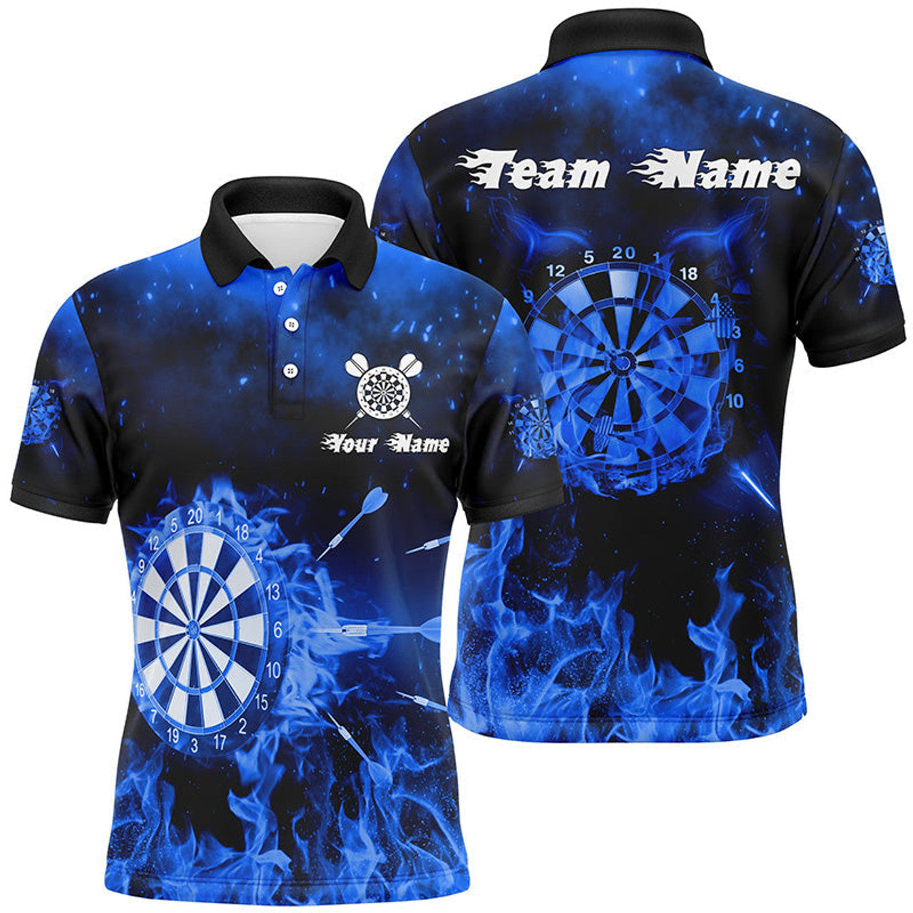 Personalized Mens Darts Polo Shirt Blue Fire Flame Custom Dart Jerseys For Men