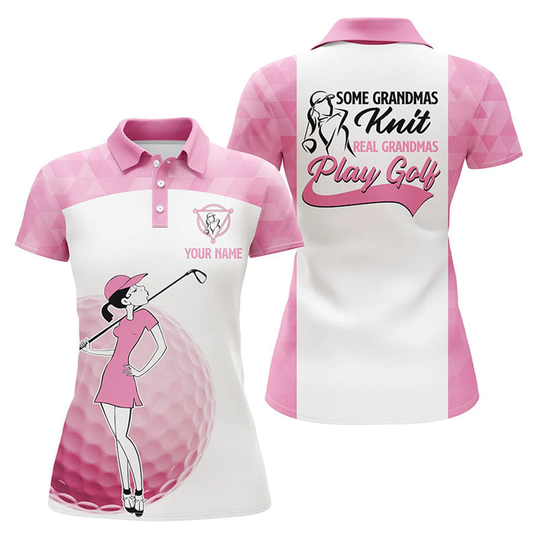 Custom Grandmas Play Golf Womens Polo Shirts, White And Pink Golf Shirt For Ladies, Funny Female Golf Gifts