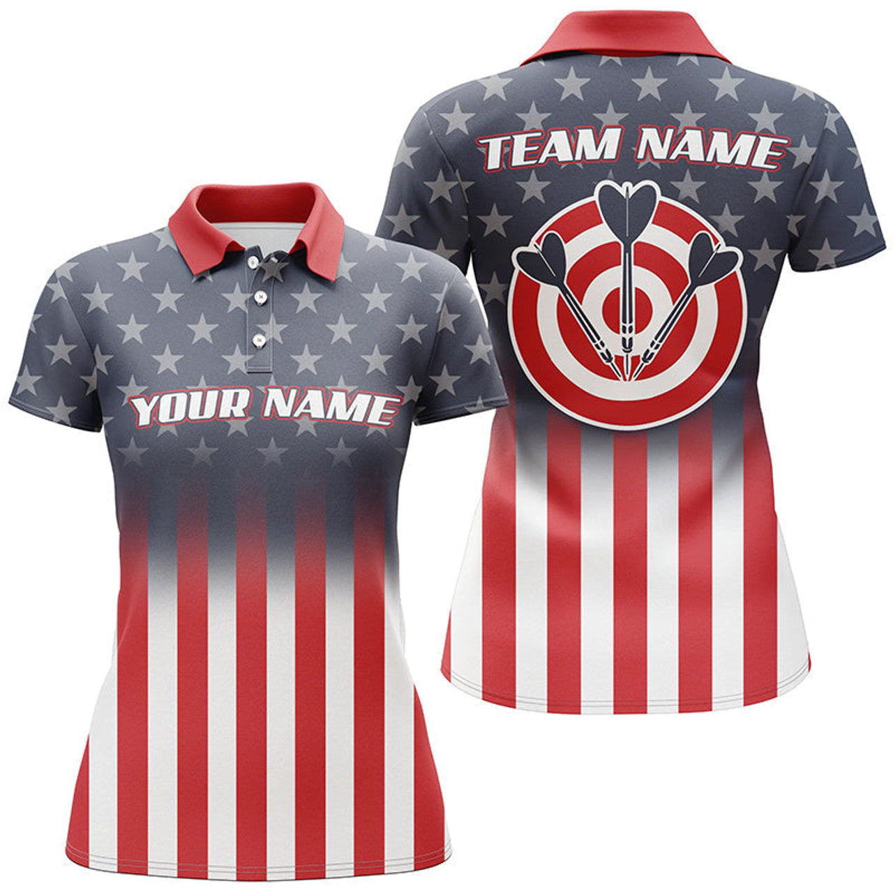 Custom Gradient American Flag Womens Darts Polo Shirt Custom Patriotic Dart Jerseys For Women