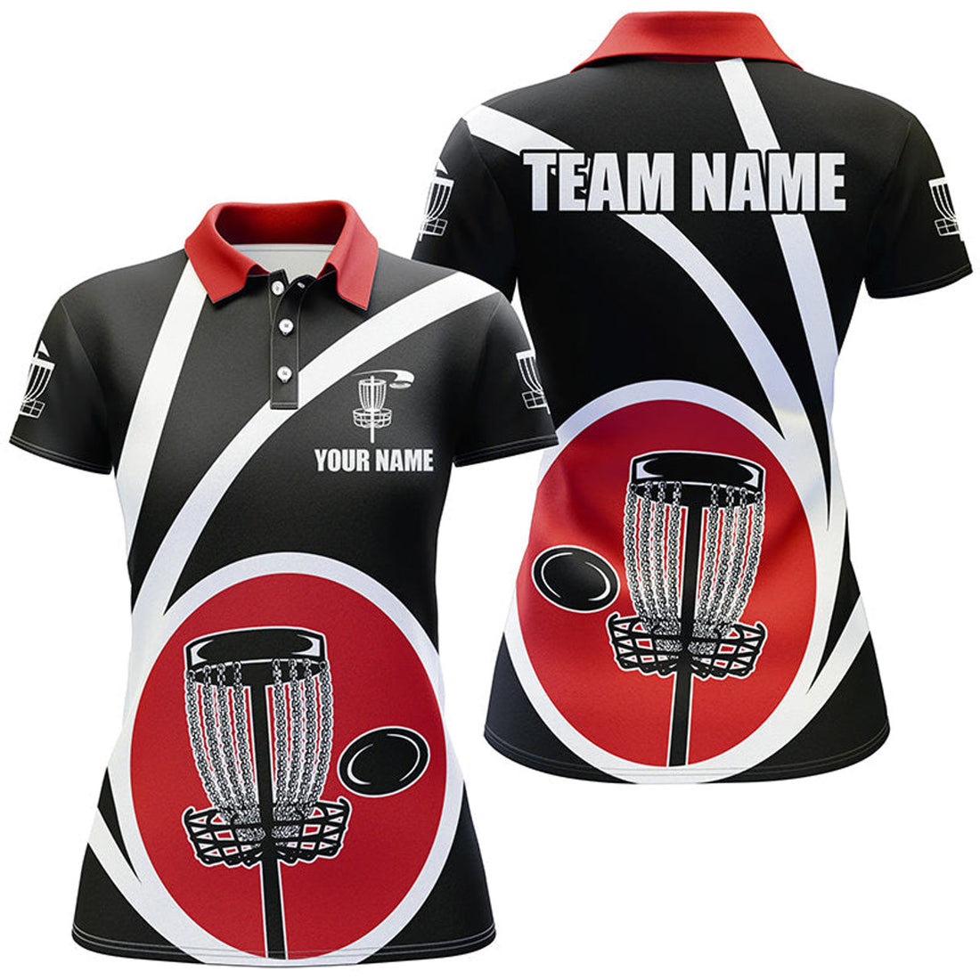Customized Black Red Womens Disc Golf Polo Shirts Cool Disc Golf Shirt For Team Golf Gifts
