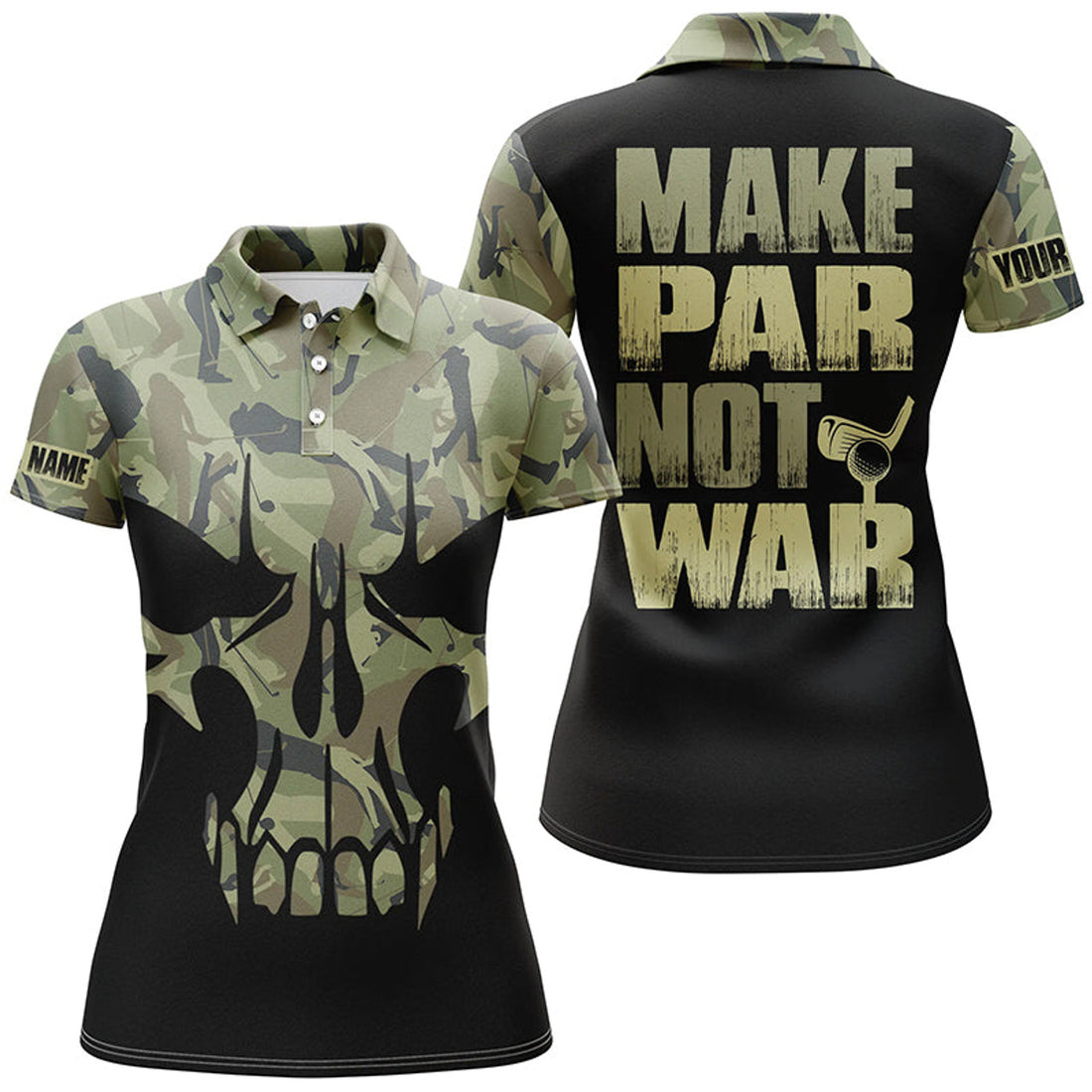 Custom Make Par Not War Green Camouflage Skull Golf Polo Shirt Retro Veteran Golf Shirts For Women