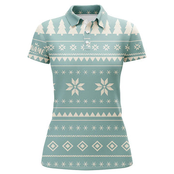 Mint Christmas Pattern With Tree Snowflakes Golf Polo Shirts Holiday Winter Women Golf Tops