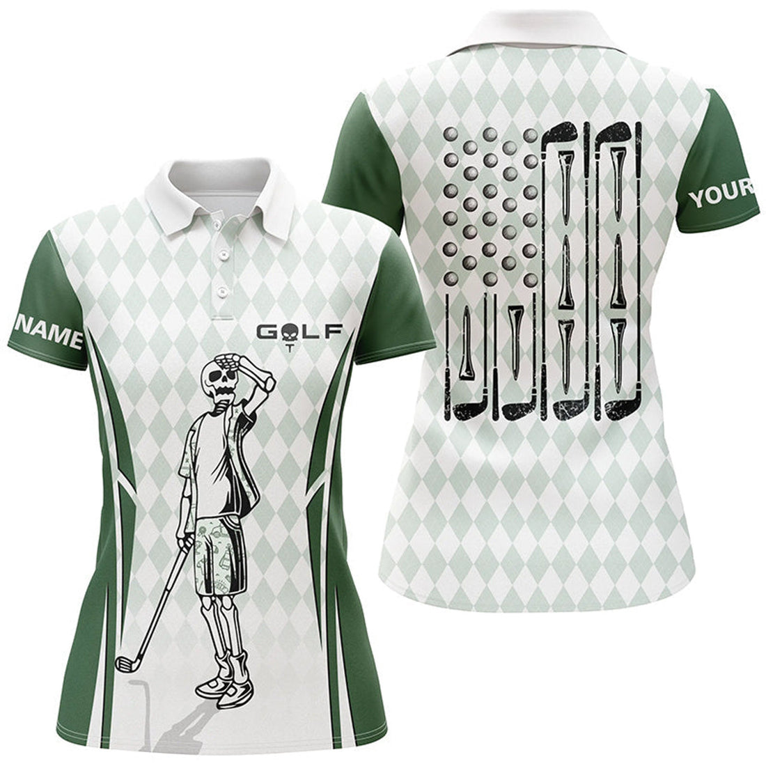 Custom Green Argyle American Flag Patriotic Golf Polo Shirts Custom Skull Golf Shirts For Women
