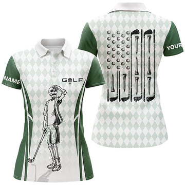 Custom Green Argyle American Flag Patriotic Golf Polo Shirts Custom Skull Golf Shirts For Women