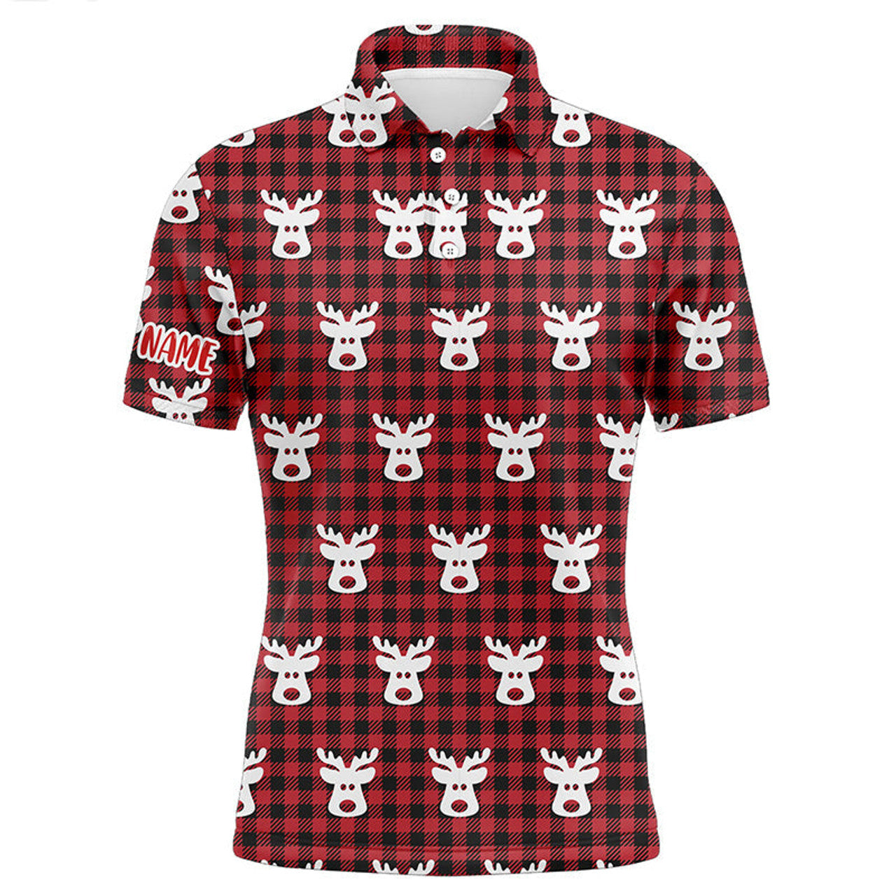FUNSTUFFPRINT Reindeer Red Black Plaid Christmas Mens Golf Polo Shirt Golf Polo Shirt Size S-5XL